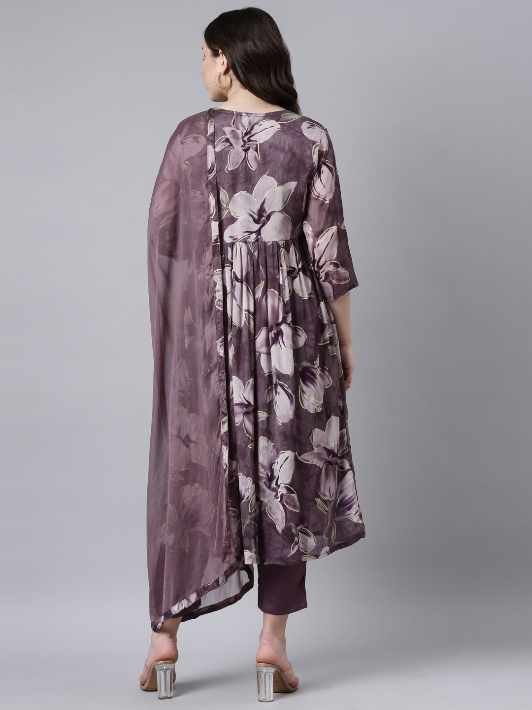 Neerus Purple Pleated Straight Floral Kurta And Trousers With Dupatta