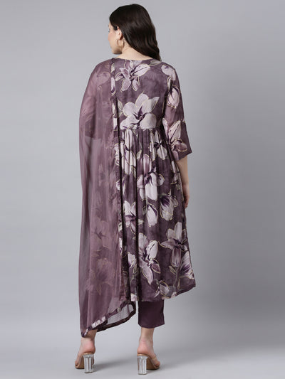 Neerus Purple Pleated Straight Floral Kurta And Trousers With Dupatta