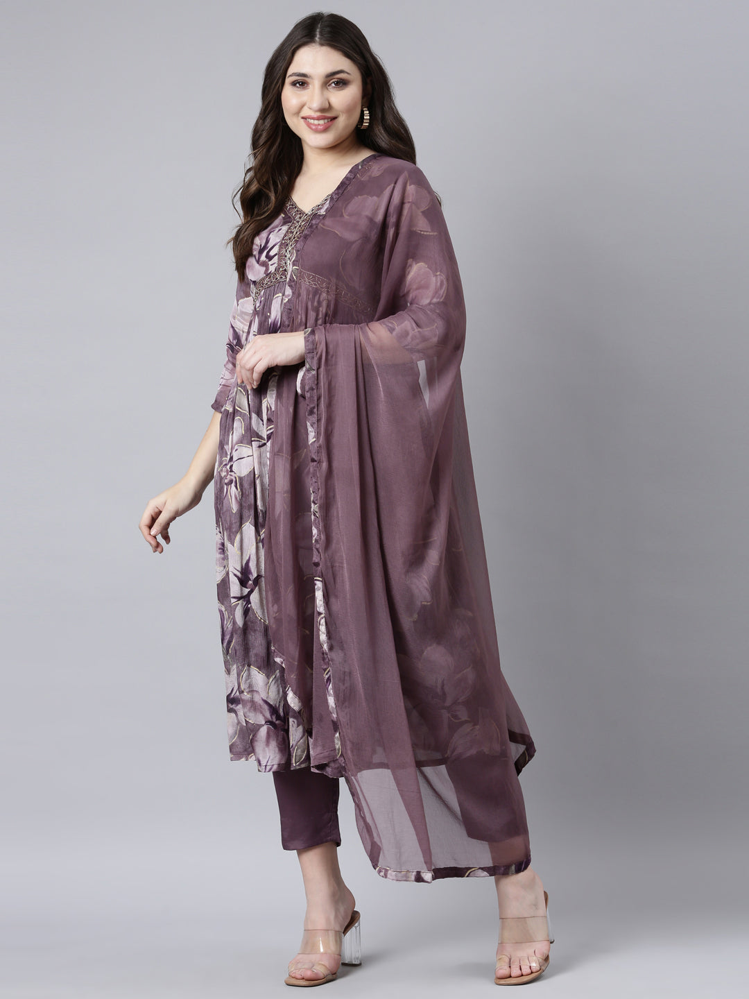 Neerus Purple Pleated Straight Floral Kurta And Trousers With Dupatta