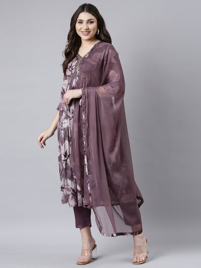 Neerus Purple Pleated Straight Floral Kurta And Trousers With Dupatta
