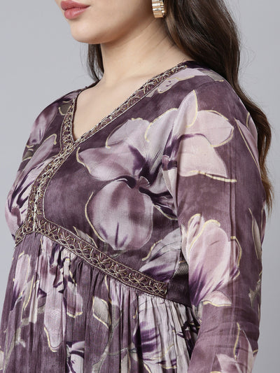 Neerus Purple Pleated Straight Floral Kurta And Trousers With Dupatta