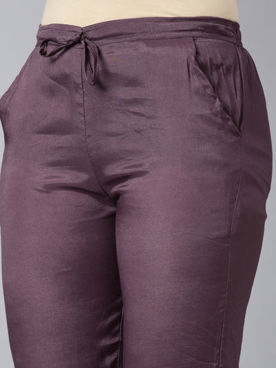 Neerus Purple Pleated Straight Floral Kurta And Trousers With Dupatta