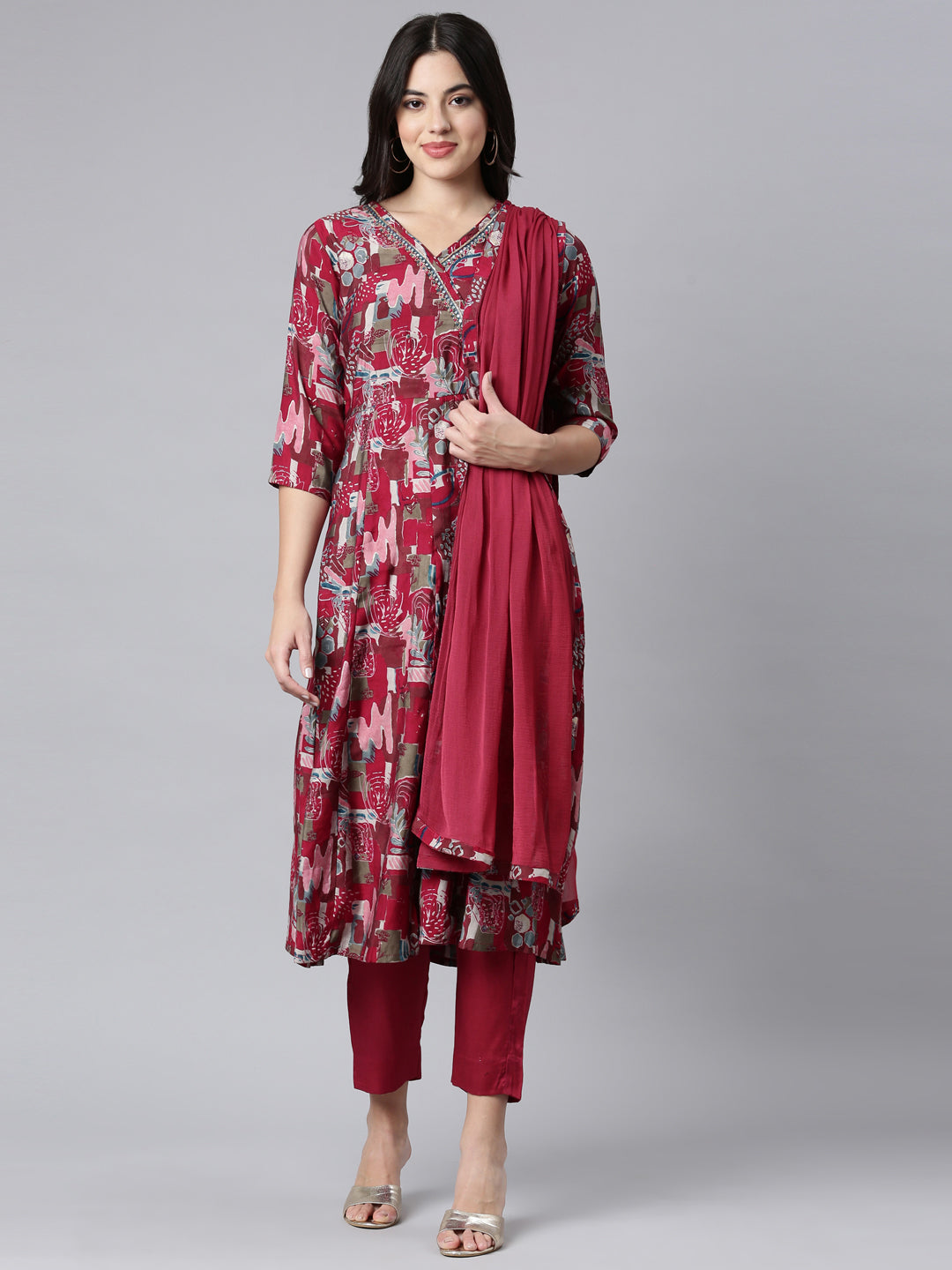 Neerus Magenta Angrakha Straight Floral Kurta And Trousers With Dupatta