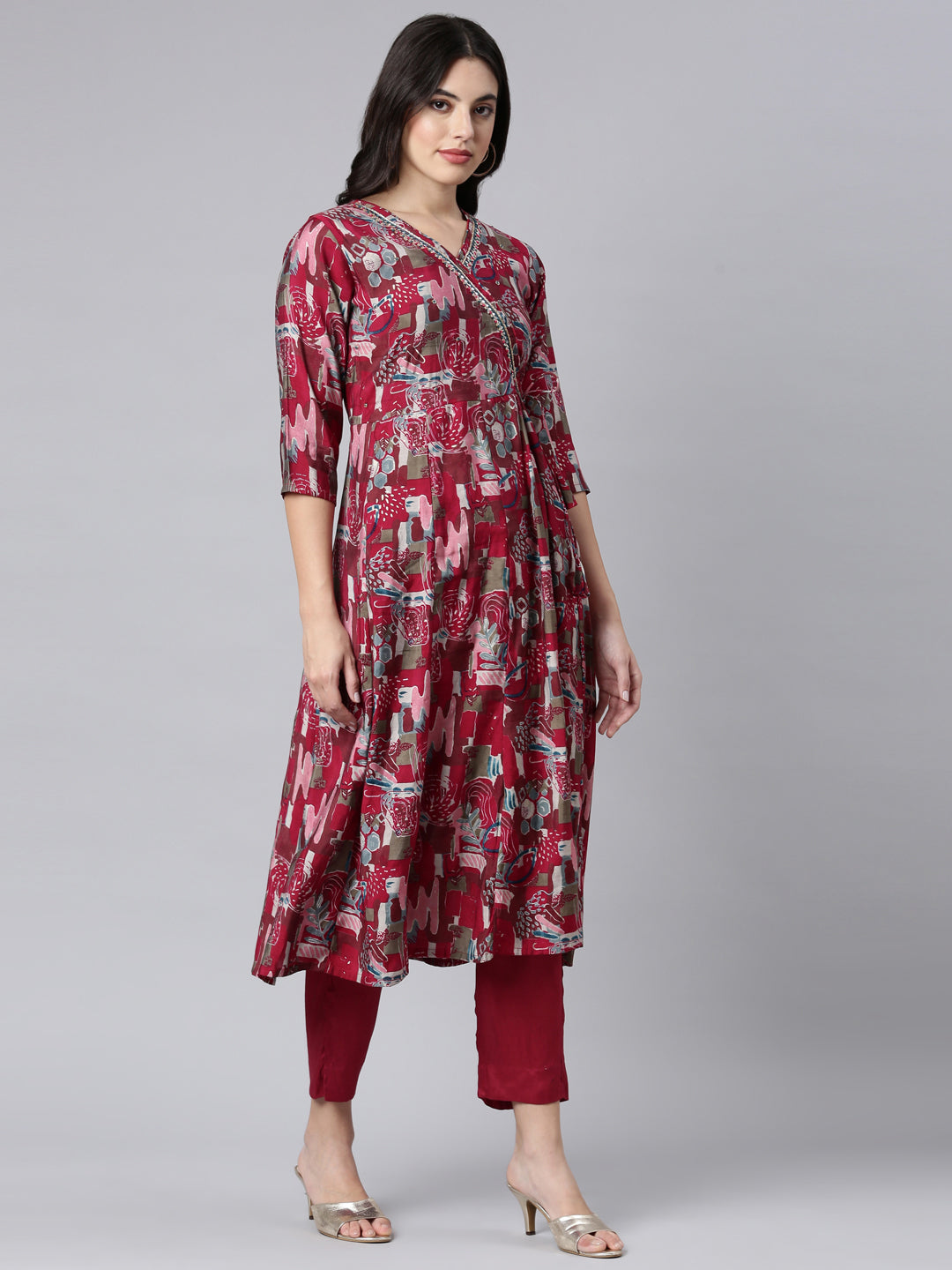 Neerus Magenta Angrakha Straight Floral Kurta And Trousers With Dupatta