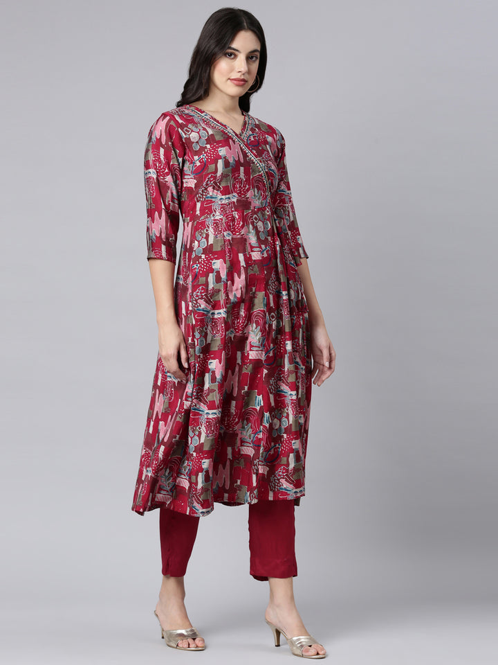 Neerus Magenta Angrakha Straight Floral Kurta And Trousers With Dupatta