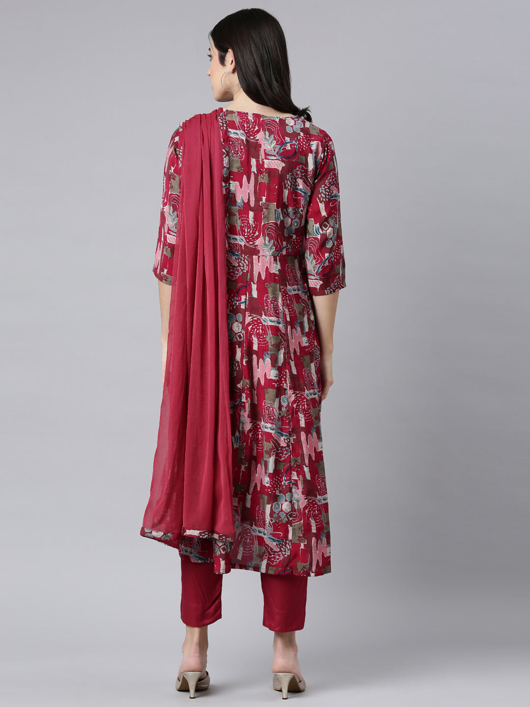 Neerus Magenta Angrakha Straight Floral Kurta And Trousers With Dupatta