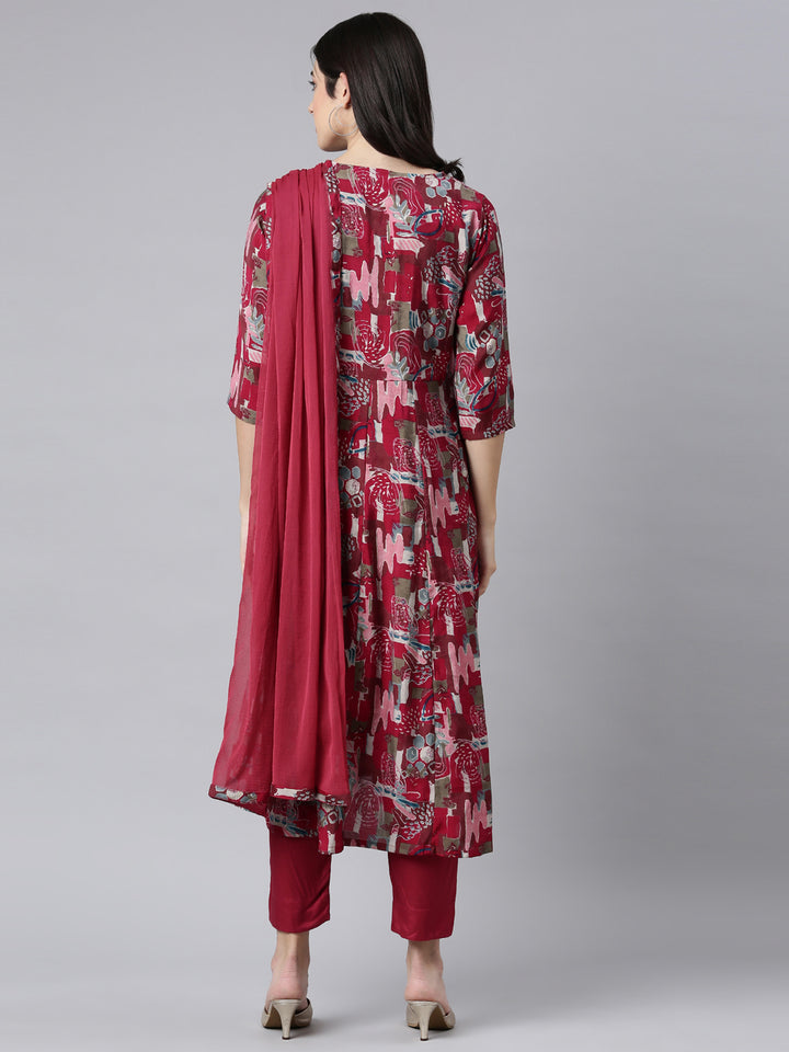 Neerus Magenta Angrakha Straight Floral Kurta And Trousers With Dupatta