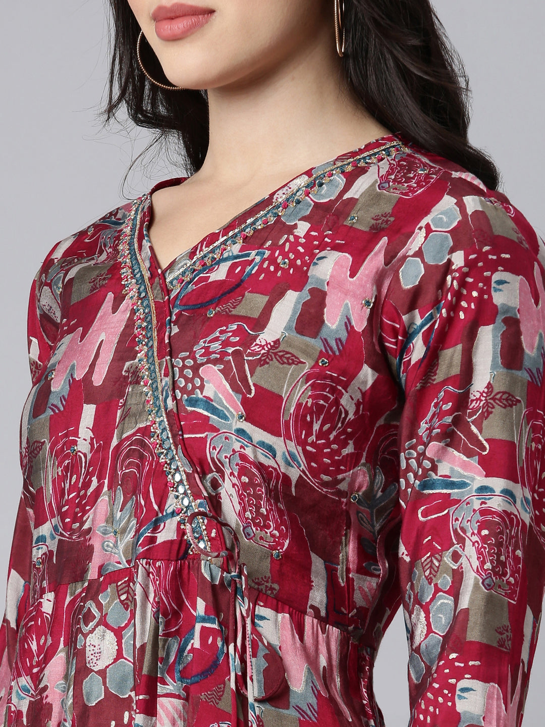 Neerus Magenta Angrakha Straight Floral Kurta And Trousers With Dupatta