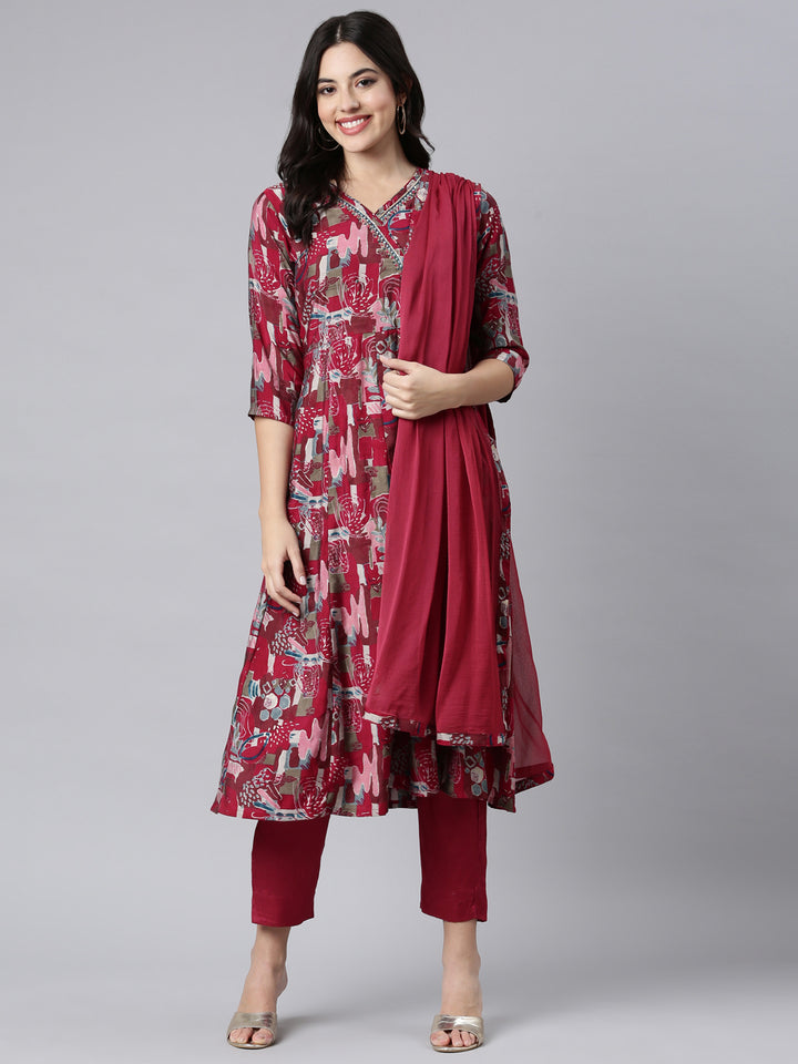 Neerus Magenta Angrakha Straight Floral Kurta And Trousers With Dupatta