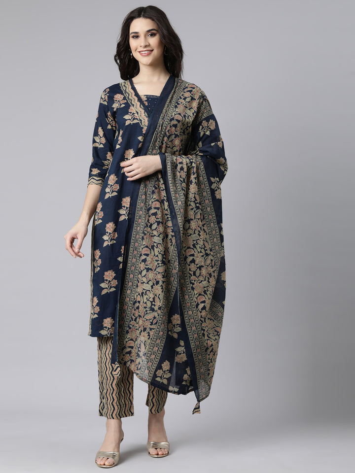 Neerus Navy Blue Regular Straight Floral Kurta And  Trousers With Dupatta