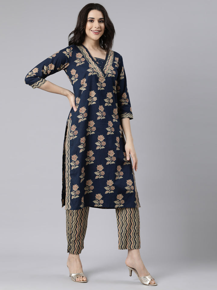 Neerus Navy Blue Regular Straight Floral Kurta And  Trousers With Dupatta