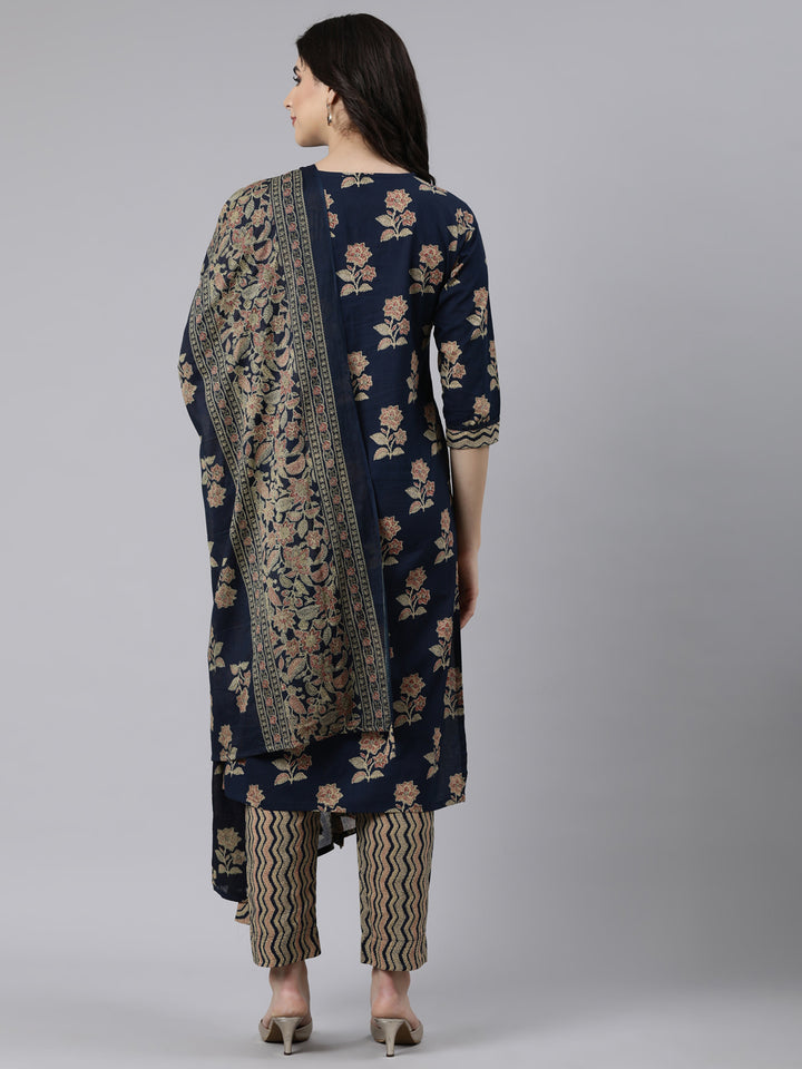 Neerus Navy Blue Regular Straight Floral Kurta And  Trousers With Dupatta