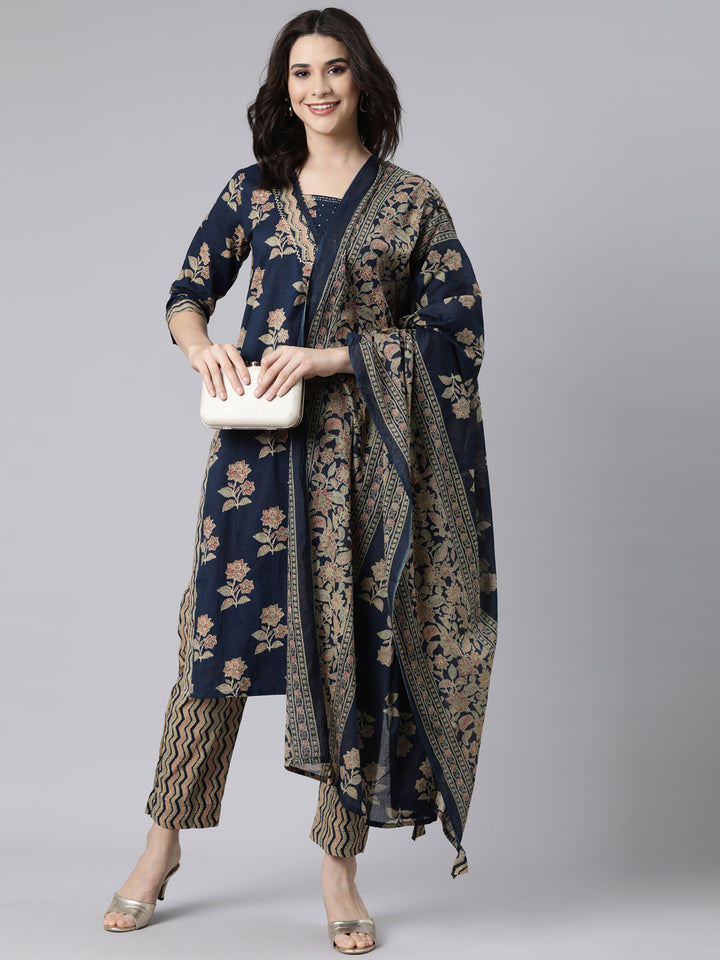 Neerus Navy Blue Regular Straight Floral Kurta And  Trousers With Dupatta
