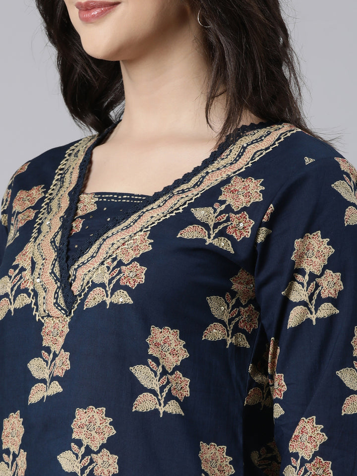 Neerus Navy Blue Regular Straight Floral Kurta And  Trousers With Dupatta