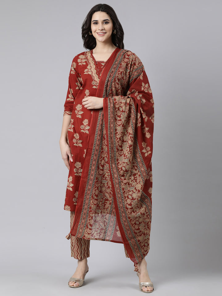 Neerus Orange printed floral suit set straight kurta with trouser and dupatta - front view