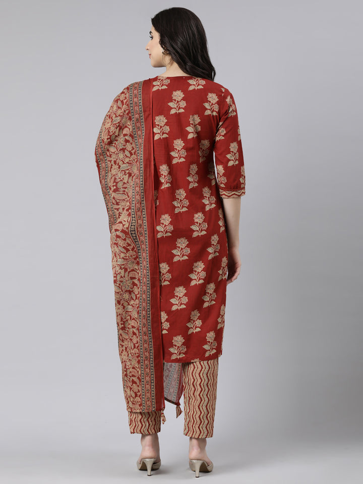 Neerus Orange printed floral suit set straight kurta with trouser and dupatta - side view