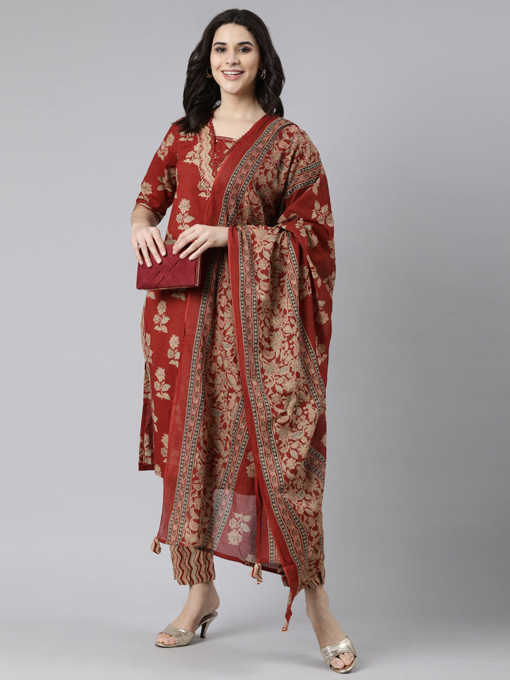 Neerus Orange printed floral suit set straight kurta with trouser and dupatta - detail view 1