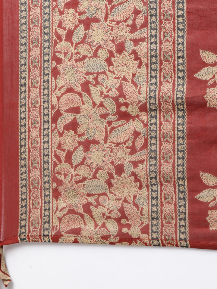 Neerus Orange printed floral suit set straight kurta with trouser and dupatta - detail view 3