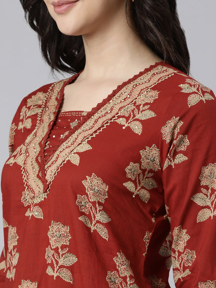 Neerus Orange printed floral suit set straight kurta with trouser and dupatta - detail view 4