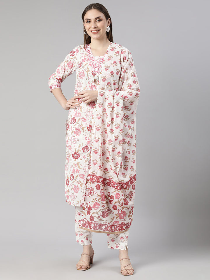 Neerus Pink Regular Straight Floral Kurta And  Trousers With Dupatta
