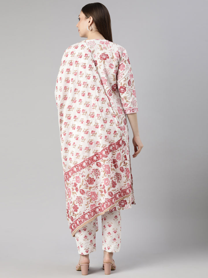 Neerus Pink Regular Straight Floral Kurta And  Trousers With Dupatta