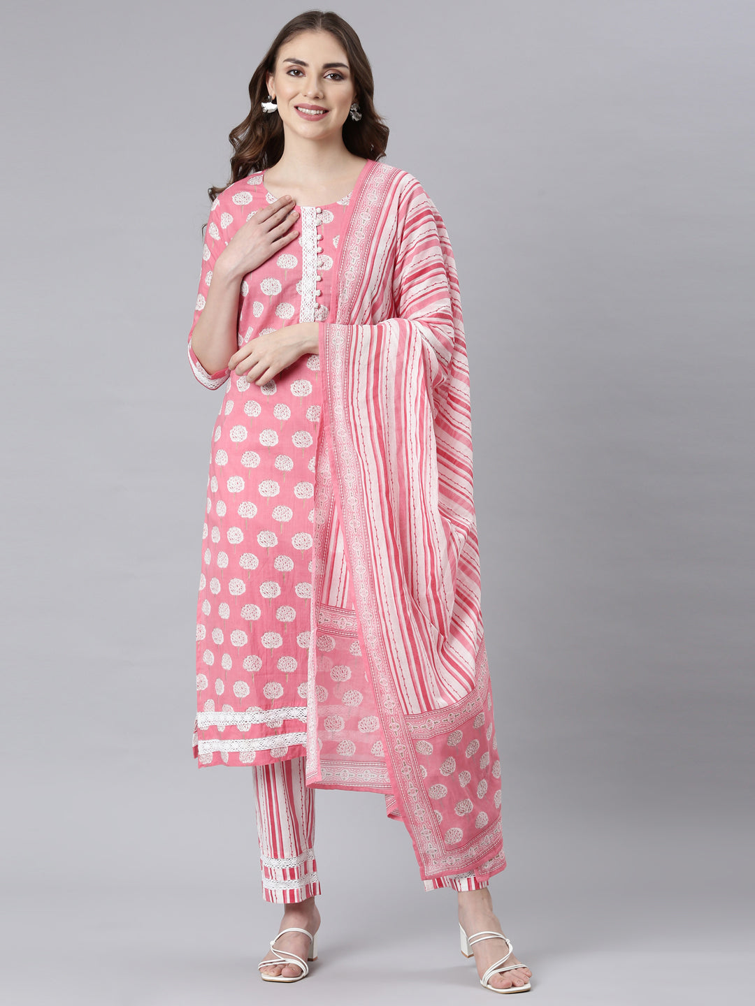 Neerus Rose Panelled Straight Floral Kurta And Trousers With Dupatta