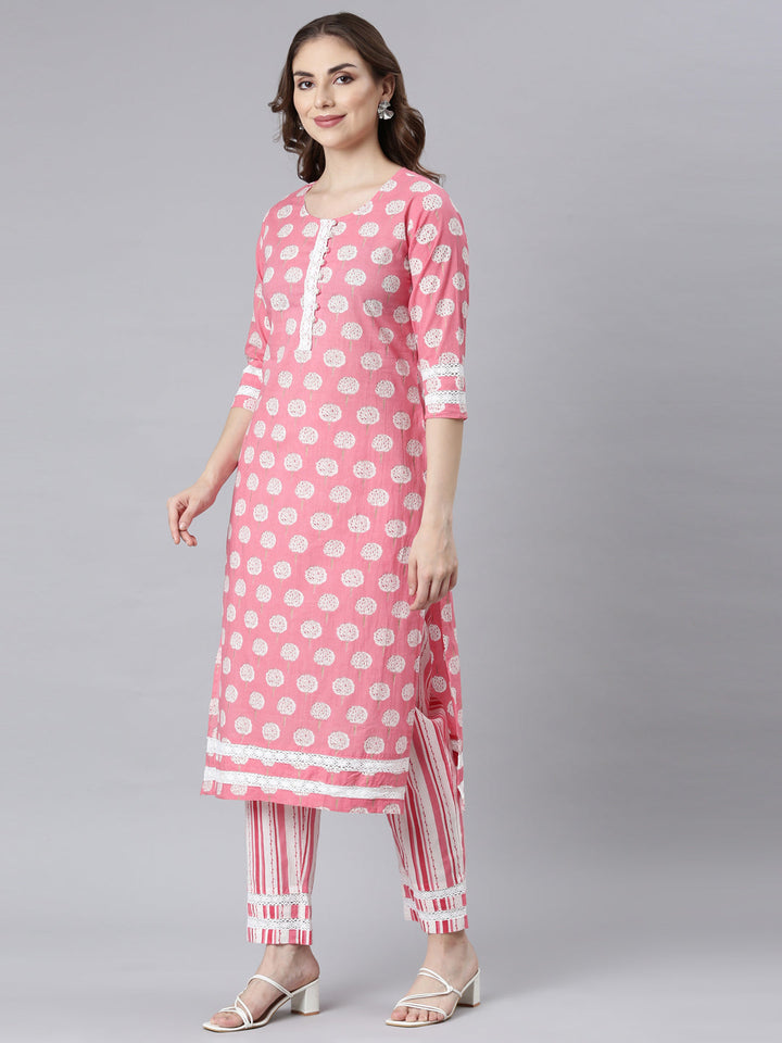 Neerus Rose Panelled Straight Floral Kurta And Trousers With Dupatta