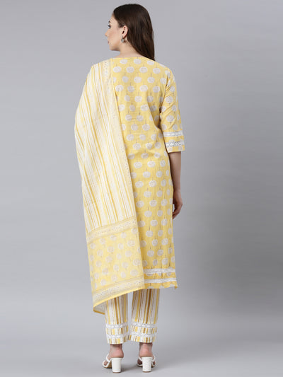 Neerus Yellow Panelled Straight Floral Kurta And Trousers With Dupatta