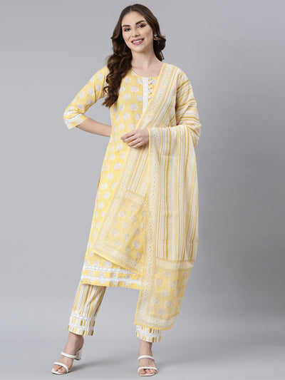 Neerus Yellow Panelled Straight Floral Kurta And Trousers With Dupatta