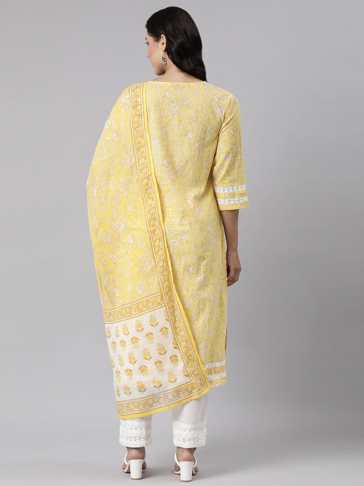 Neerus Yellow Panelled Straight Printed Kurta And Trousers With Dupatta
