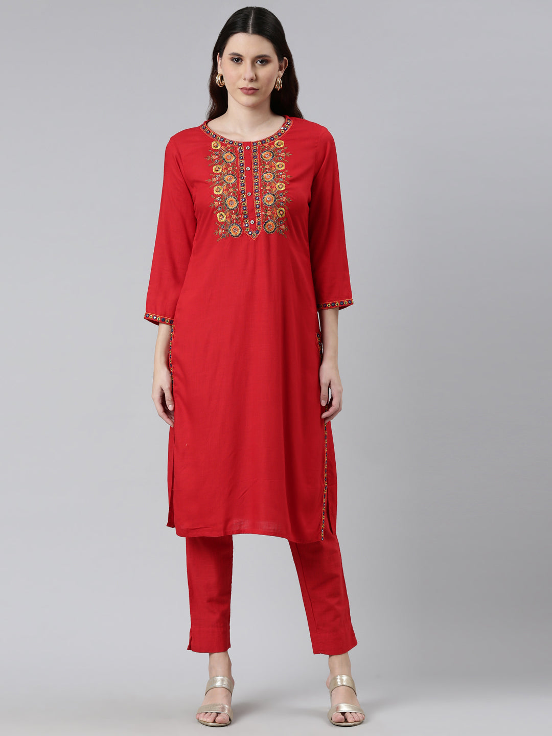 Neerus Women Red Yoke Design Thread Work Kurta