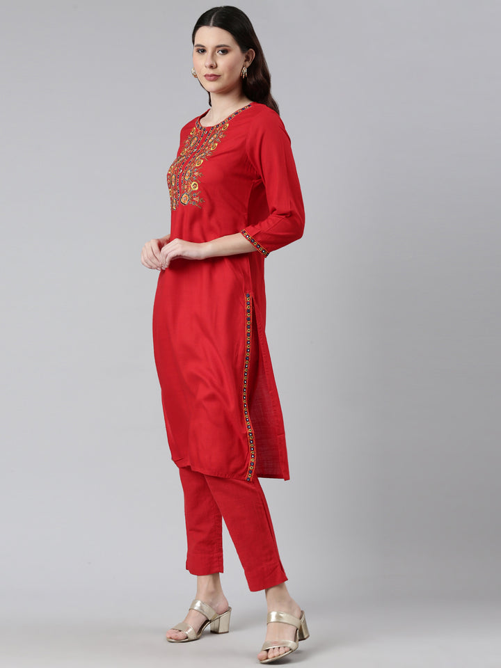 Neerus Women Red Yoke Design Thread Work Kurta