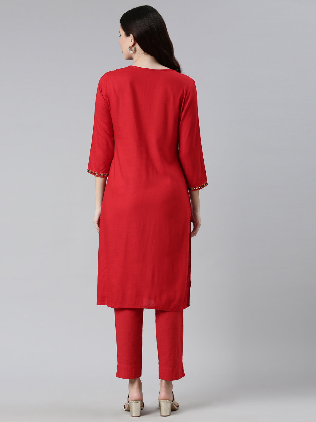 Neerus Women Red Yoke Design Thread Work Kurta