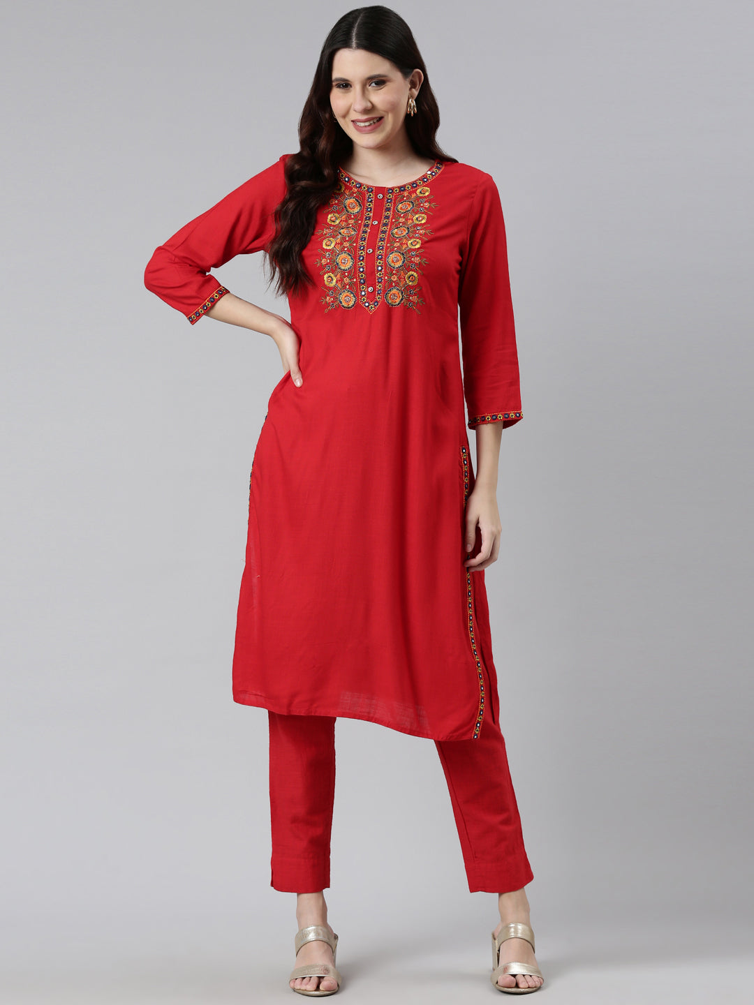 Neerus Women Red Yoke Design Thread Work Kurta