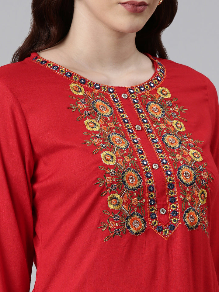Neerus Women Red Yoke Design Thread Work Kurta