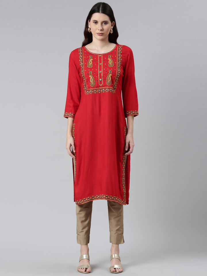Neerus Red rayon printed kurti - front view