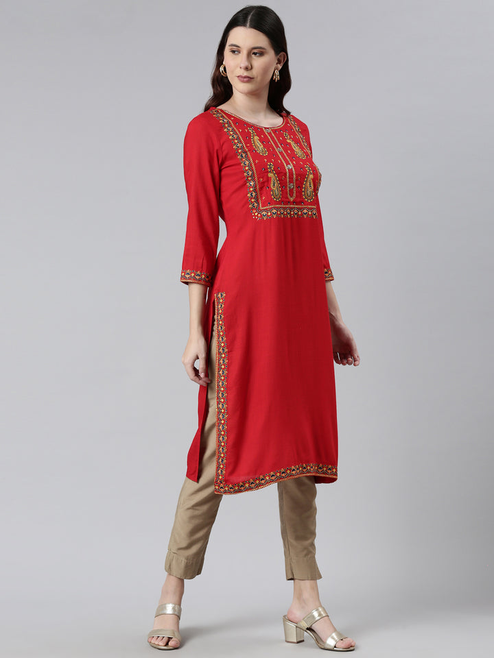 Neerus Red rayon printed kurti - back view