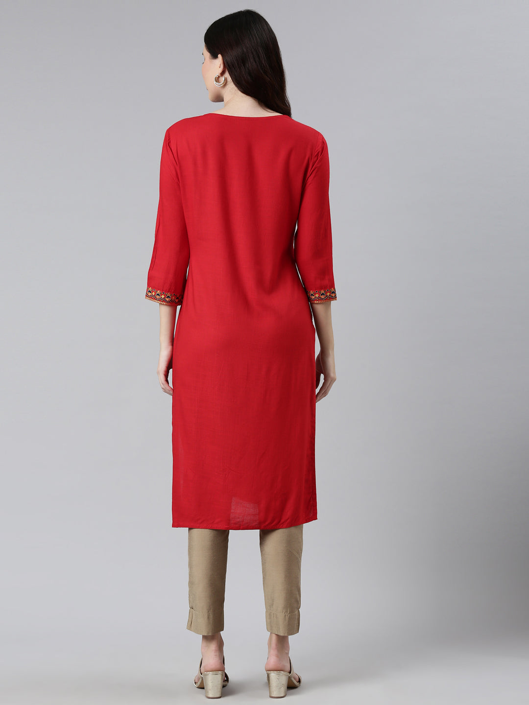 Neerus Red rayon printed kurti - side view