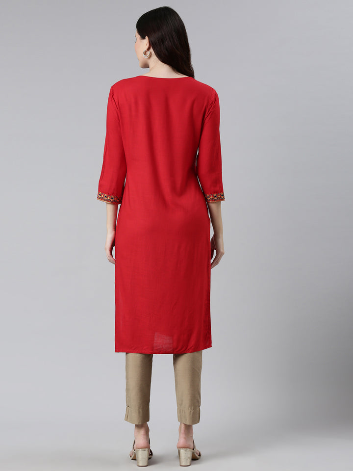 Neerus Red rayon printed kurti - side view