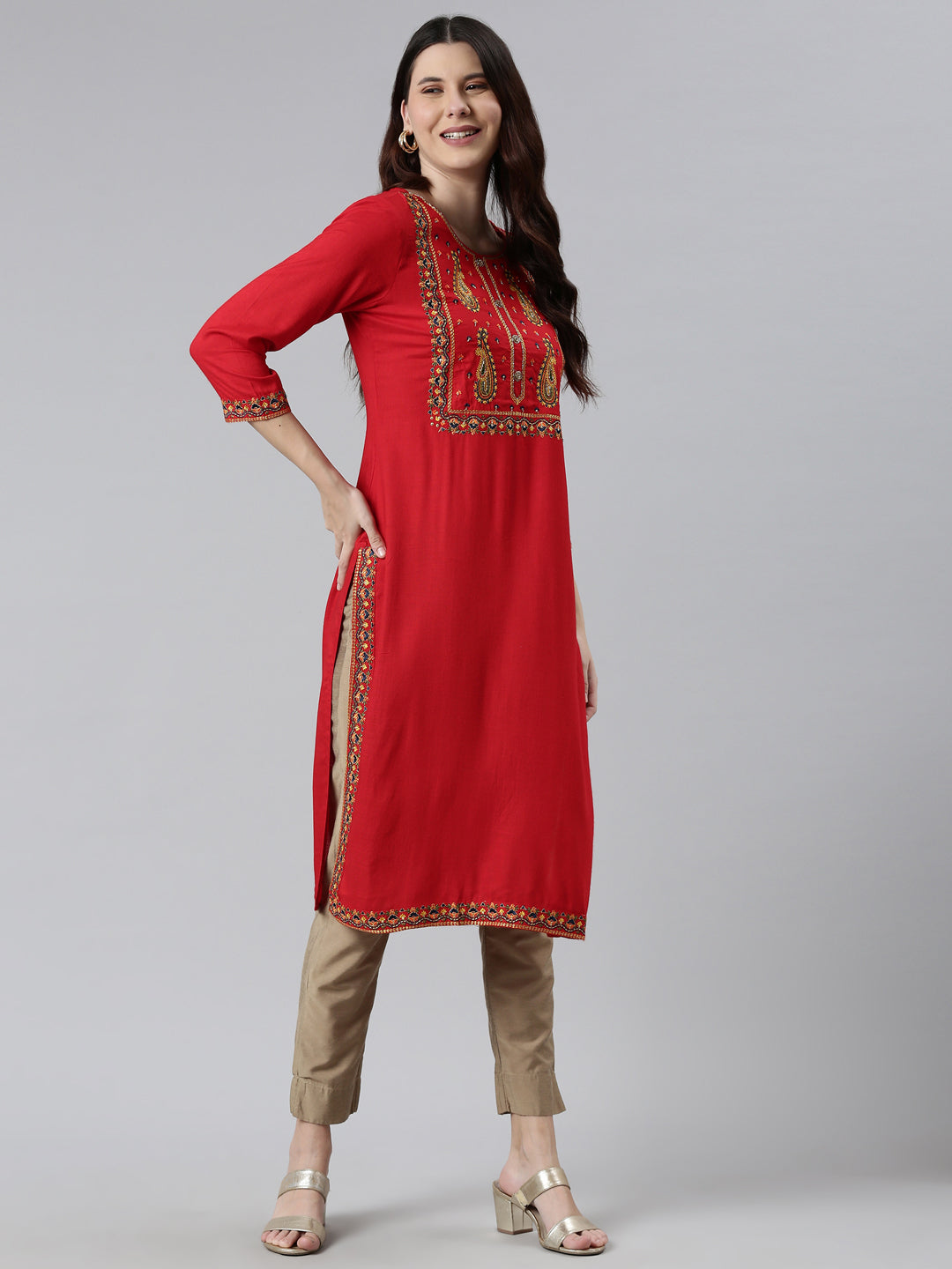 Neerus Red rayon printed kurti - detail view 2