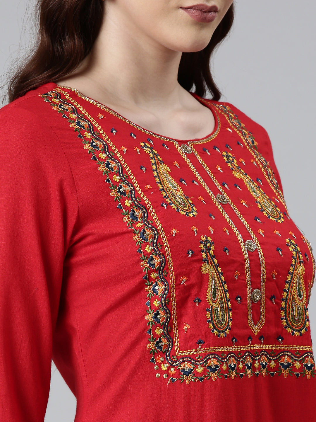 Neerus Red rayon printed kurti - detail view 1