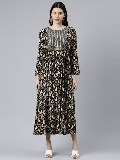 Neerus Women Black Ethnic Motifs Printed Anarkali Kurta