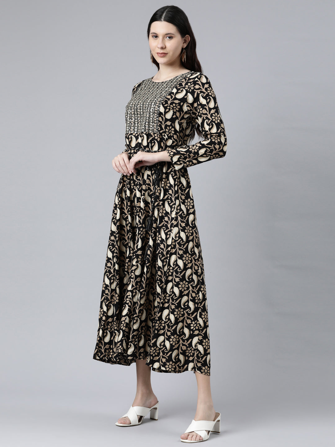 Neerus Women Black Ethnic Motifs Printed Anarkali Kurta