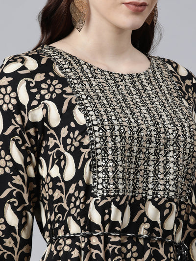 Neerus Women Black Ethnic Motifs Printed Anarkali Kurta