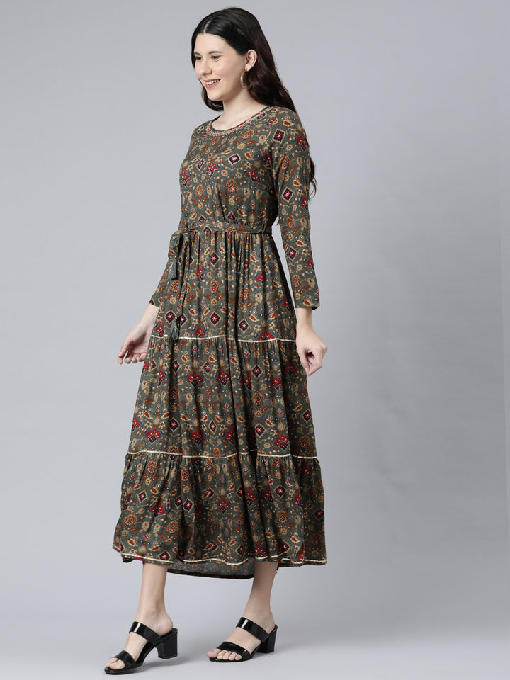 Neerus Women Grey Ethnic Motifs Printed Anarkali Kurta