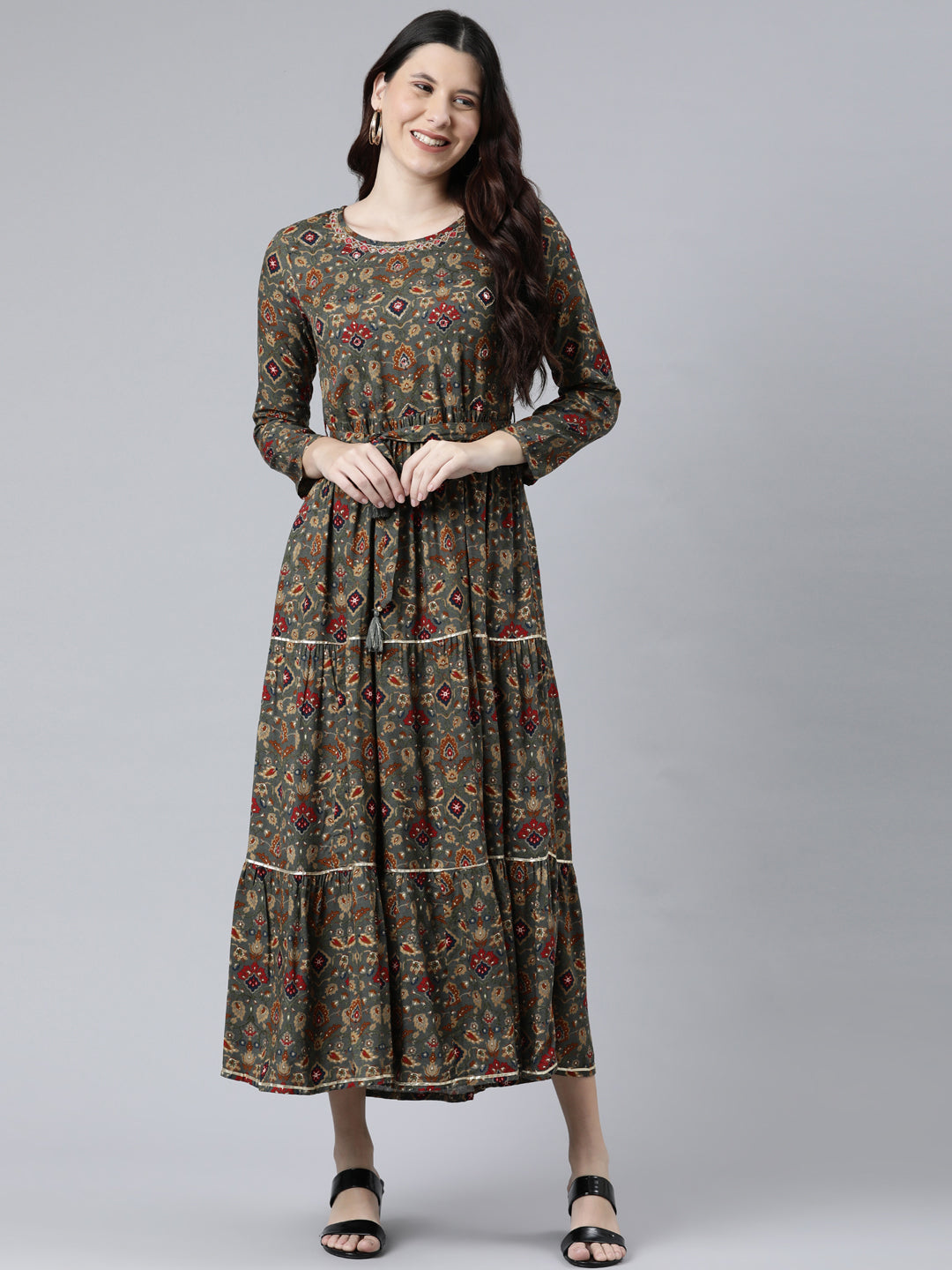 Neerus Women Grey Ethnic Motifs Printed Anarkali Kurta