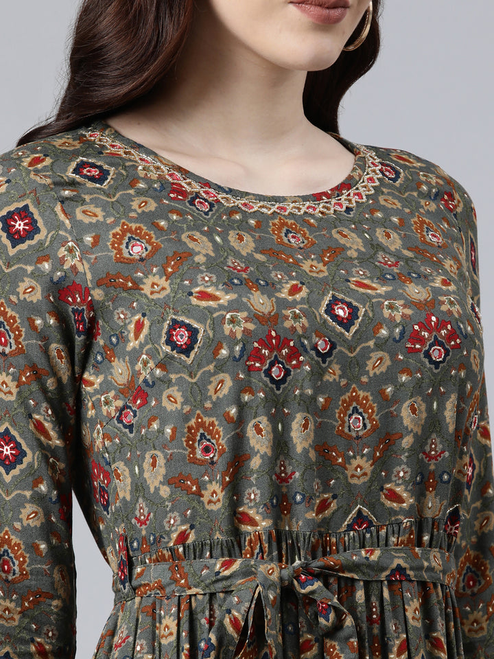 Neerus Women Grey Ethnic Motifs Printed Anarkali Kurta