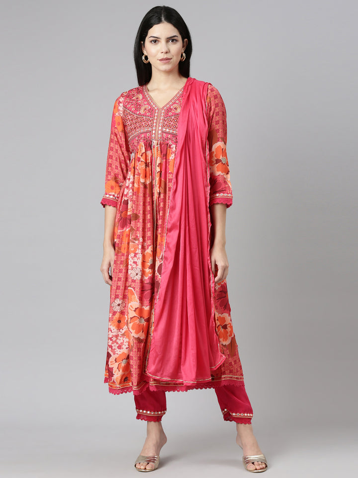 Neerus Pink printed straight suit set floral kurta with dupatta - front view