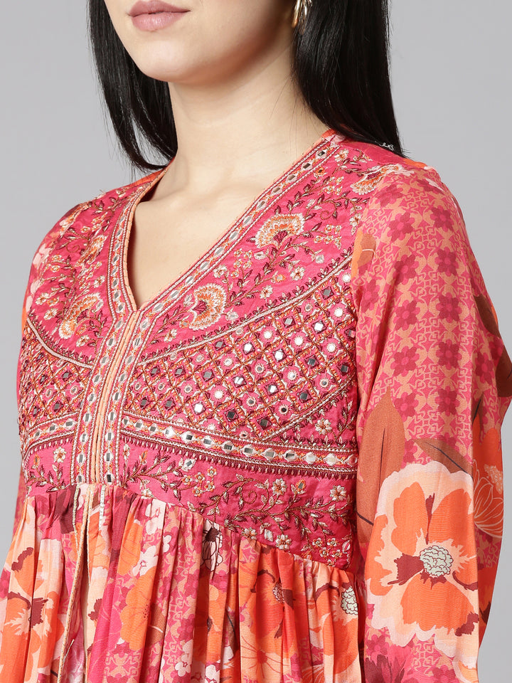 Neerus Pink printed straight suit set floral kurta with dupatta - detail view 1