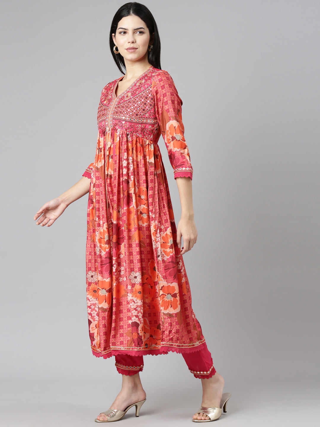 Neerus Pink printed straight suit set floral kurta with dupatta - back view